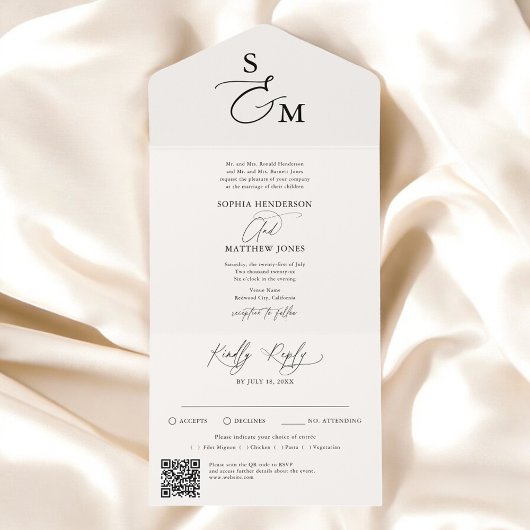 Beige Calligraphie Monogram Formal QR Code Hochzei All In One Einladung
