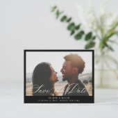 Beige Calligraphy Foto Ankündigung Datum freihalte (Stehend Vorderseite)