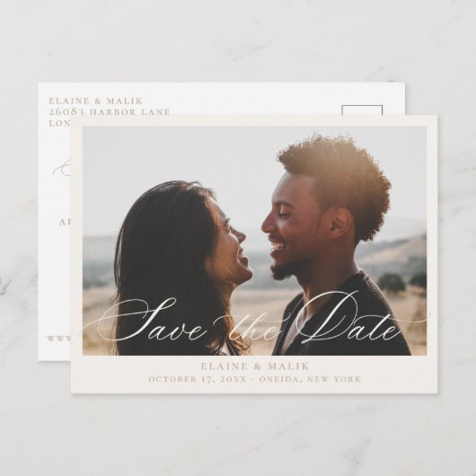 Beige Calligraphy Foto Ankündigung Datum freihalte (Vorne/Hinten)