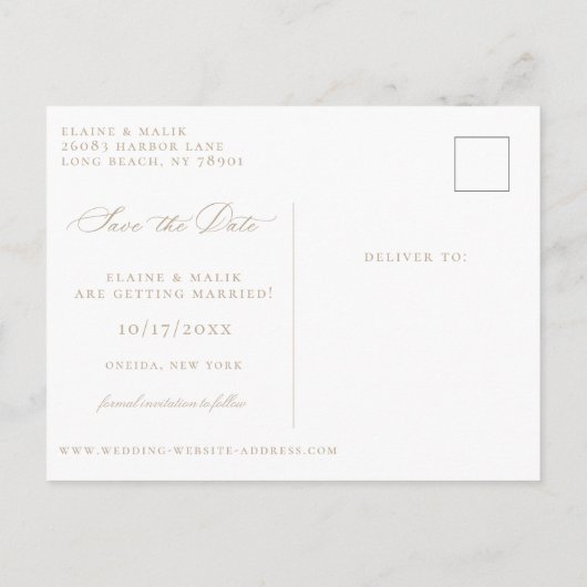 Beige Calligraphy Foto Ankündigung Datum freihalte (Rückseite)
