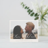 Beige Calligraphy Foto Ankündigung Datum freihalte (Stehend Vorderseite)