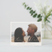 Beige Calligraphy Foto Save the Date Ankündigungspostkarte (Stehend Vorderseite)