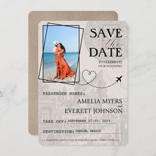 Beige Cancun Passport Save the Date (Vorne/Hinten)