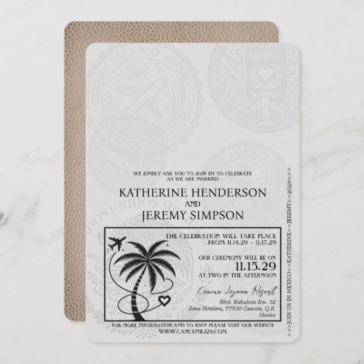 Beige Cancun Passport Wedding Einladung (Vorne/Hinten)