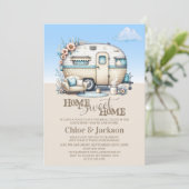Beige Caravan Funny Housewarming Party Einladung (Stehend Vorderseite)