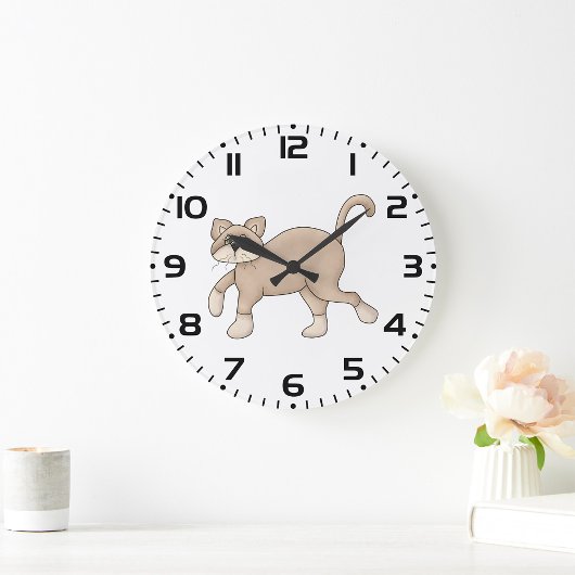 Beige Cat Drawing with Green Eyes Große Wanduhr