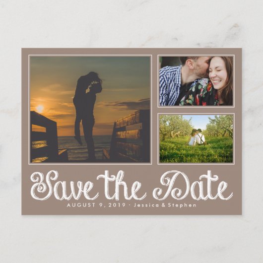 Beige Chalk Save the Date Collage Postcard Ankündigungspostkarte (Vorderseite)