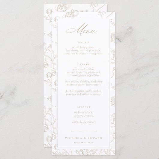Beige Chinoiserie Floral Wedding Menükarte (Vorne/Hinten)