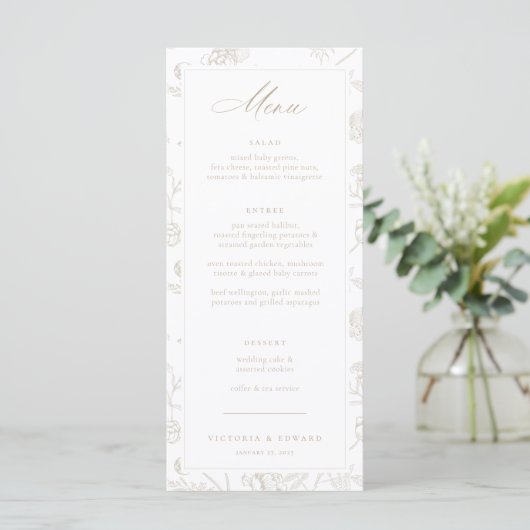 Beige Chinoiserie Floral Wedding Menükarte (Stehend Vorderseite)