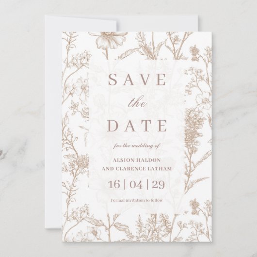 Beige Chinoiserie Wildblume Wedding Save the Date Einladung (Vorderseite)