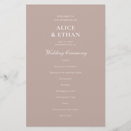 Beige Classic Minimalistisch Wedding Program (Vorderseite)