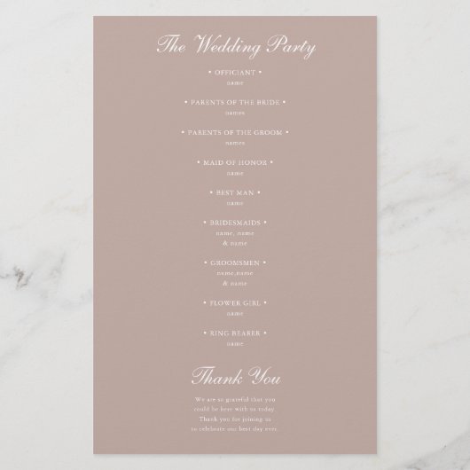 Beige Classic Minimalistisch Wedding Program (Rückseite)