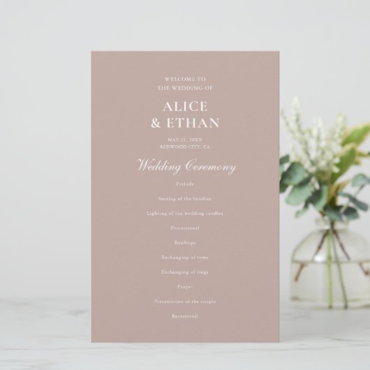 Beige Classic Minimalistisch Wedding Program (Stehend Vorderseite)
