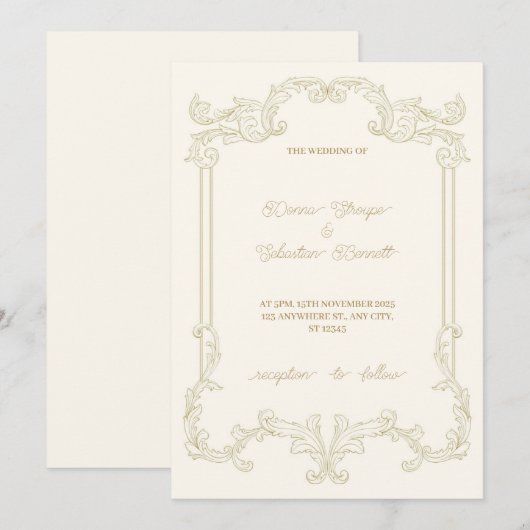 Beige Classic Vintag Frame Wedding Einladung (Vorne/Hinten)