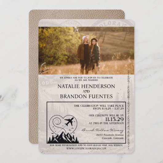 Beige Colorado Passport Wedding Einladung (Vorne/Hinten)