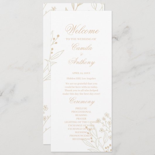 Beige Corner Floral Boho Wedding Programm (Vorne/Hinten)