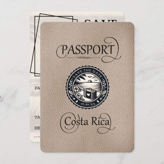 Beige Costa Rica Passport Save The Date (Vorne/Hinten)