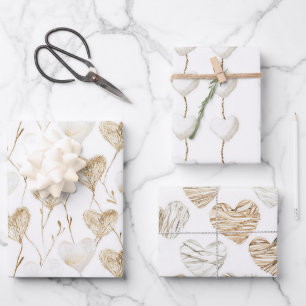 Beige Cream Brown White Hearts Boho Birthday Geschenkpapier Set