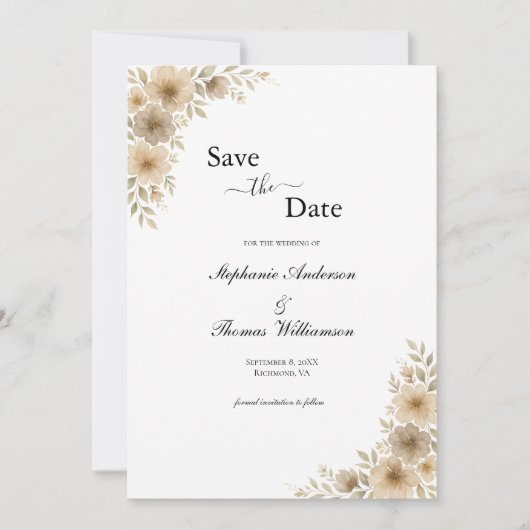 Beige Cream Gray Floral Eleganter moderner QR-Code Save The Date (Vorderseite)