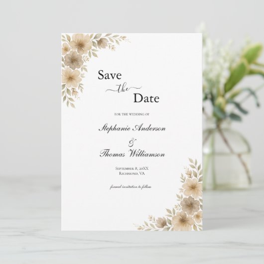 Beige Cream Gray Floral Eleganter moderner QR-Code Save The Date (Stehend Vorderseite)