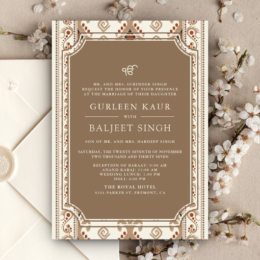 Beige Cream Ikat Anand Karaj Sikh Wedding Einladung