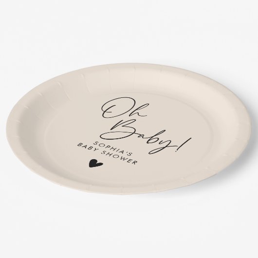 Beige Cream Oh Baby Modern Boho Babydusche Pappteller (Schrägansicht)