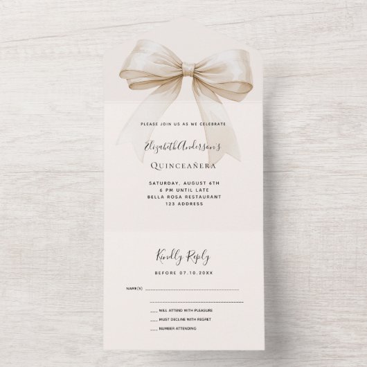 Beige Creme Bogen Quinceanera uAwg All In One Einladung (Innen Boden)