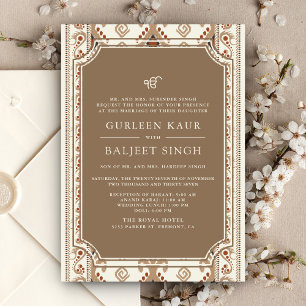 Beige Creme Ikat Anand Karaj Sikh Hochzeit Einladung
