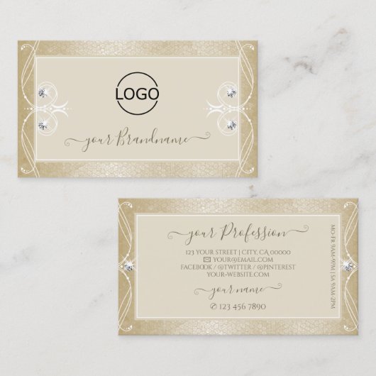 Beige Creme Mosaik Verzierte Sparkle-Juwelen mit L Visitenkarte (Vorne/Hinten)