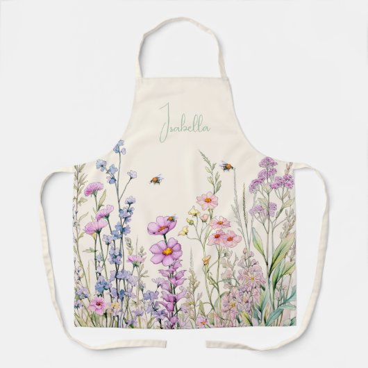 Beige cremefarbene lila Wildblumen Schürze (Vorderseite)