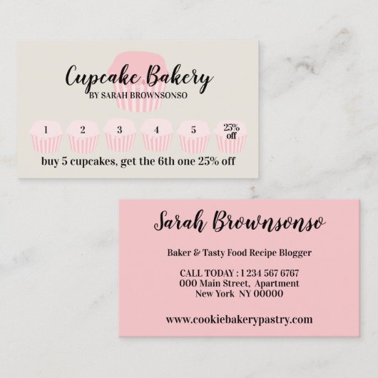 Beige Cupcake Bäckerei Café Loyalty Loyalty Punch Visitenkarte (Vorne/Hinten)