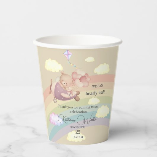 beige cute AIRPLANE BEAR pastel clouds rainbow  Pappbecher (Vorderseite)