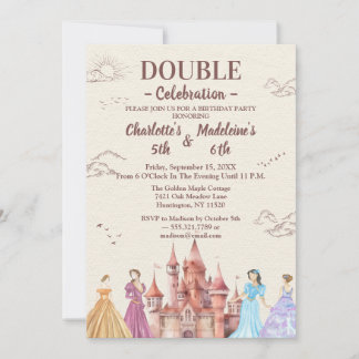 Beige  Cute Illustrative Girls’ Joint Birthday Einladung