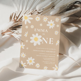 Beige Daisy Einladung 1. Geburtstag