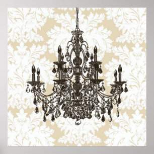 Beige Damask Chandelier Wall Art Print Poster