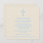 Beige Damask Cross Blue Boy Christening Einladung (Vorne/Hinten)