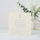 Beige Damask Cross Blue Boy Christening Einladung (Stehend Vorderseite)