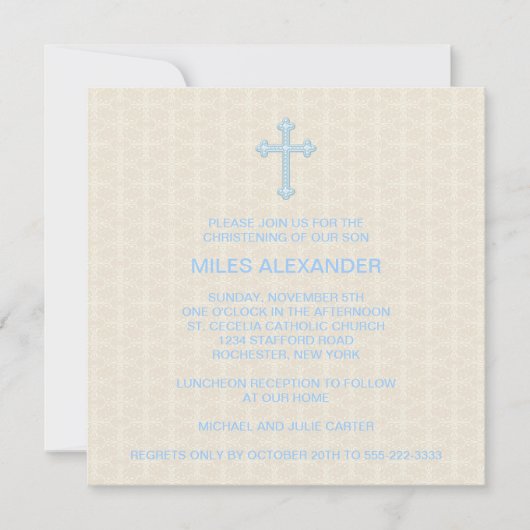 Beige Damask Cross Blue Boy Christening Einladung (Vorderseite)