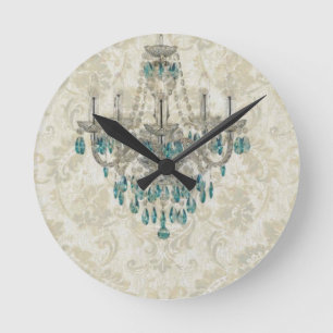 beige Damask French Country blue Chandelier Runde Wanduhr