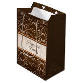 Beige Damask Rose Gold Streifen Mittlere Geschenktüte (Vorderseite Schrägansicht)