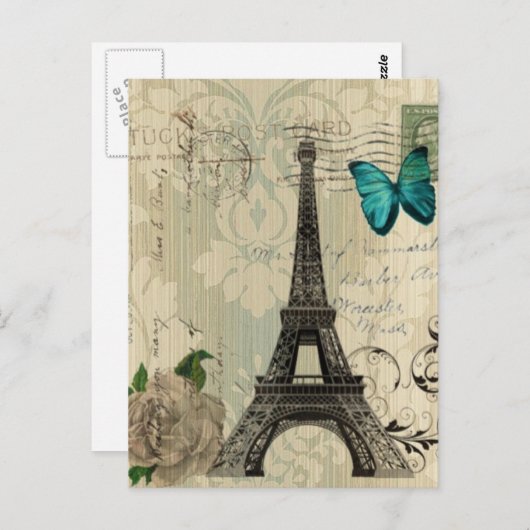 Beige Damask Schmetterling Rose Paris Eiffel Tower Postkarte (Vorne/Hinten)