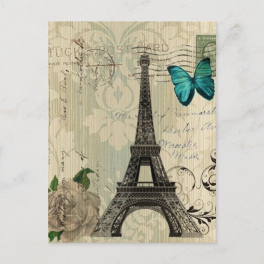 Beige Damask Schmetterling Rose Paris Eiffel Tower Postkarte (Vorderseite)