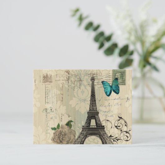 Beige Damask Schmetterling Rose Paris Eiffel Tower Postkarte (Stehend Vorderseite)