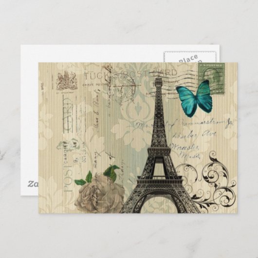 Beige Damask Schmetterling Rose Paris Eiffel Tower Postkarte (Vorne/Hinten)