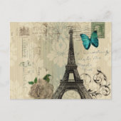 Beige Damask Schmetterling Rose Paris Eiffel Tower Postkarte (Vorderseite)