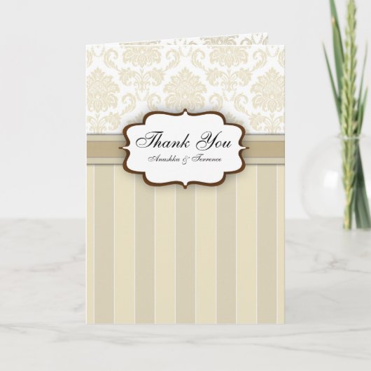 Beige Damask Stripe Wedding Vielen Dank Dankeskarte (Vorderseite)