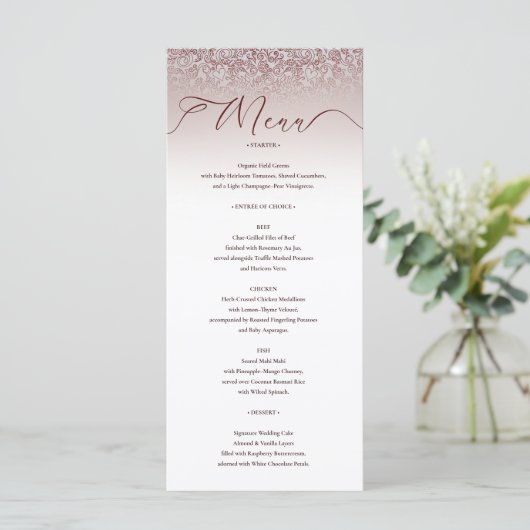 Beige Damask Verzierte Speisekarte für Hochzeiten Menükarte (Stehend Vorderseite)