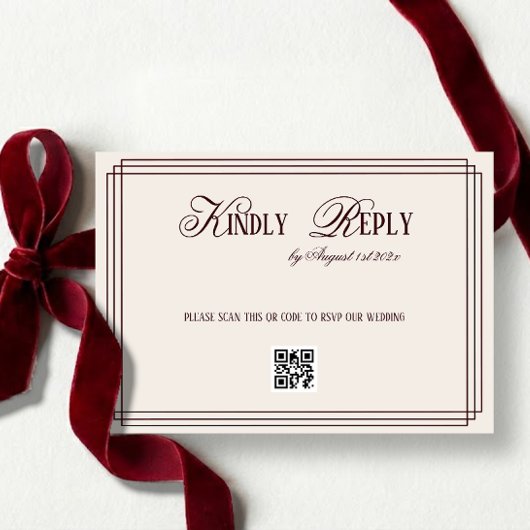 Beige Dark Red Old Money Wedding QR code RSVP Karte