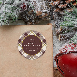 Beige & Dark Red Tartan Kariert Frohe Weihnachten Runder Aufkleber