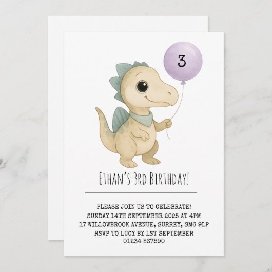 Beige Dino with Blue Spikes and Balloon Birthday Einladung (Vorne/Hinten)